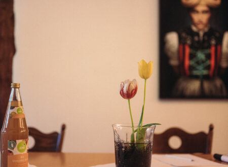 Zwei Tulpen in einer Vase, Apfelsaft