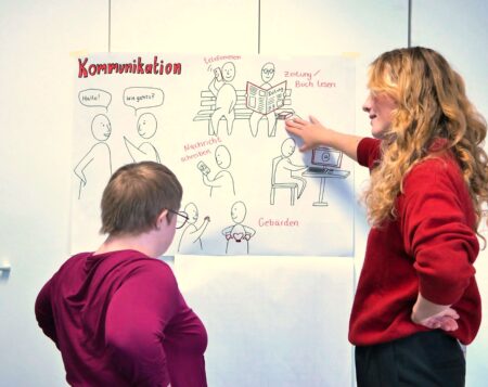 Zwei Frauen stehen vor einem Plakat. die linke Frau schaut auf das Plakat und hat die hände in die Hüften gestemmt. Die Frau rechts von ihr zeigt mit ihrer rechten Hand auf das Plakat und schaut zu der anderen Frau. Auf dem Plakat ist die Überschrift "Kommunikation" zu sehen und verschiedene gezeichnete Männchen, die auf unterschiedliche Art und Weise kommunizieren.